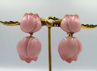 French Designer Vintage Cilea Paris Pink Rosebud Dangling Clip On Earrings