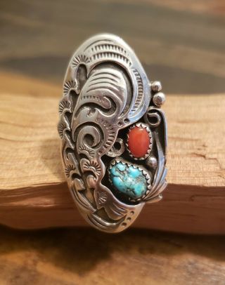 Vintage Native American Navajo Turquoise And Coral Sterling Silver Ring Size 6