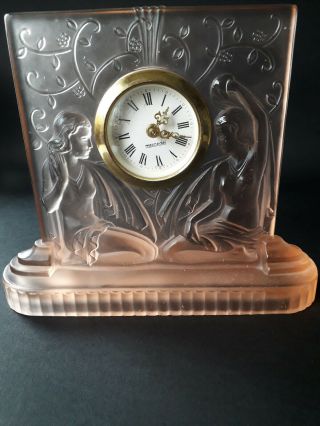 Rare Walther Art Deco Pink Frosted Glass Relief Clock With Ladies Lalique Style