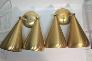 Pair Wall Sconces Electric Mid Century Modern Vintage Gold Brass Tone