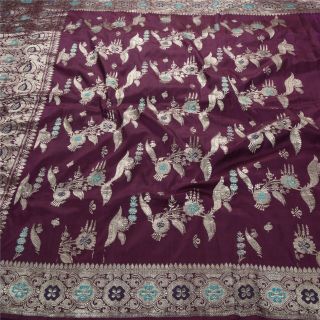 Sanskriti Vintage Purple Heavy Saree Pure Silk Brocade Woven Craft Fabric Sari