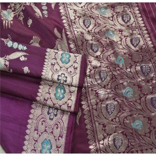 Sanskriti Vintage Purple Heavy Saree Pure Silk Brocade Woven Craft Fabric Sari 3