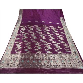 Sanskriti Vintage Purple Heavy Saree Pure Silk Brocade Woven Craft Fabric Sari 4