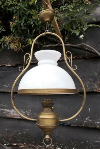 Vintage Brass & Glass French Hanging Oil Lamp Style Electric Light