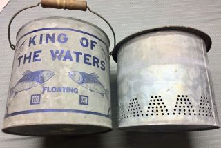 Vintage " King Of The Waters " 10 Qt Floating Minnow Bucket,  Great Graphics