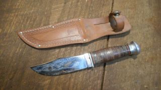 L4601 - Vintage Cattaraugus Fixed Blade Knife W/ Sheath Stacked Leather Handle