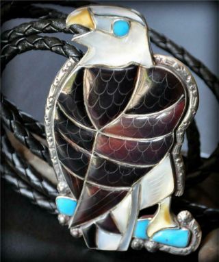 Big Vintage Inlay 2.  6 " Bald Eagle Turquoise Mother Of Pearl Silver Bolo Tie Vtg