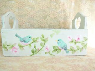 Bydas Aqua Bird Pink Roses Tote Box Hp Hand Painted Chic Shabby Vintage Cottage