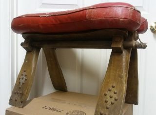 Vintage Antique Red Leather Camel Wooden Studded Saddle Stool/ottoman Furmiture