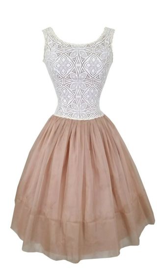 Vintage 50s 60s Mid Century Party Dress Taupe Fawn Lace Full Skirt Pinup Jo Jrs