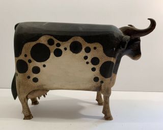 Vintage American Folk Art Wood Carving Of A Cow Signed And Dated