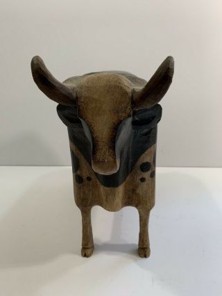 Vintage American Folk Art Wood Carving Of A Cow Signed And Dated 3
