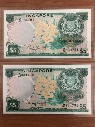 Rare Unc Singapore Orchid Series Dollar Running Pair Note $5 A45 334791 - 2