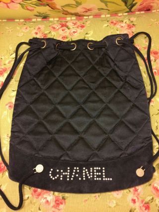 Chanel Vintage Backpack Quilted Silk & Suede Bag In Deep Dark Navy Blue