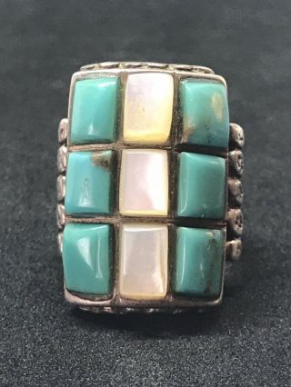 Vintage Sterling Silver Navajo Old Pawn Turquoise Mop Ring Size 9.