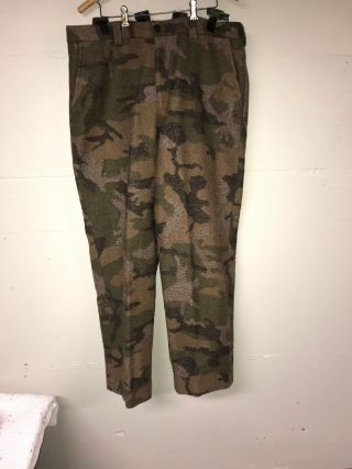 Vtg Ll Bean Wool Pants With Suspenders Camouflage Military Hunting Sz 38/32 Euc