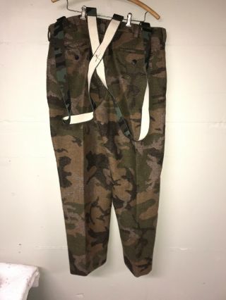 Vtg LL Bean Wool Pants With Suspenders Camouflage Military Hunting Sz 38/32 EUC 2