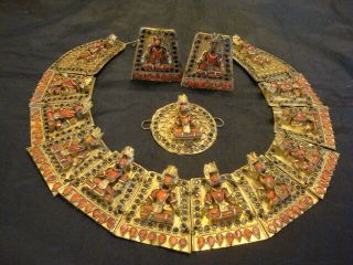 Vintage Nepal Tibetan Brass Coral Stone Goddess Necklace Pendant Earrings Set