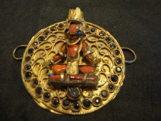 Vintage Nepal Tibetan Brass Coral Stone Goddess NECKLACE PENDANT EARRINGS SET 4