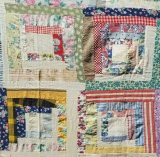 Vintage 1930 Hand Stitched & Pieced Log Cabin Quilt Top Feed Sack Fabric 92 X 70