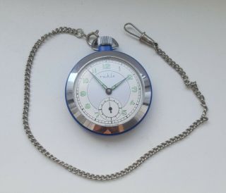 German GDR 60 ' s RUHLA Mechanical Pocket Watch w Chain / Cal.  UMK83 2