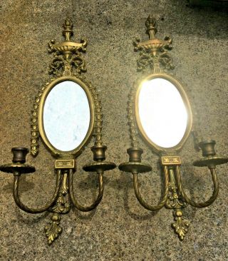 Vintage Antique Brass / Cast Iron Mirror Double Candle Sconces