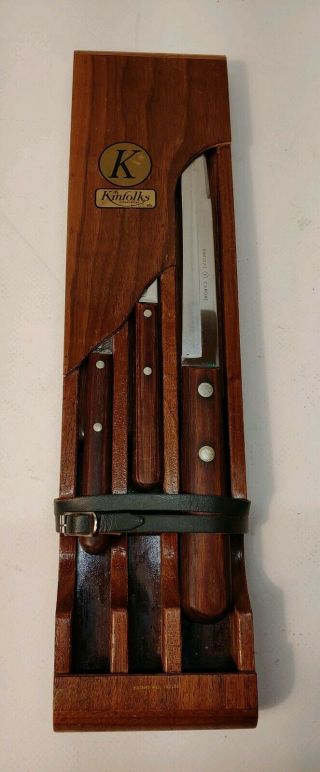 Vintage Kinfolks 3 Piece Knife Set Kitchen Wood Display Rare