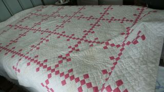 Antique Vintage Quilt,  Red & White,  Hand - Quilted,  Postage Stamp Squares,  76 " X94 "