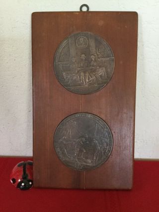 1909 Hudson Fulton Celebration Bronze 4 " Medal Of 2 On Woodboard Rare