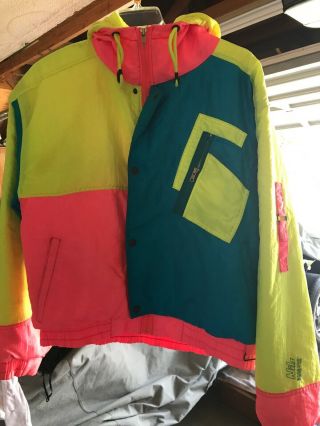 Vintage 80s Nils Neon Jacket Coat Large Skiing Ski Yellow Pink Blue Gore - Tex