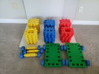 Vintage Little Tikes 8 " X 8 " Waffle Blocks X 48,  2 Chassis & 3 Axles