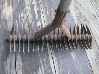 Vintage Primitive Rustic Rake With Wood Handle Farm Barn Tool Garden Tool