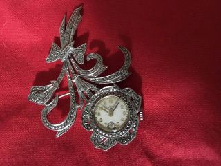 Vintage Lussac Sterling Silver Marcasite Floral Motif Lapel Watch