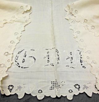 Vtg Hand Embroidered Needle Lace Floppy Linen Sheet Plus 2 Pillow Shams - Monogram