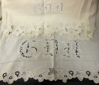 VTG Hand Embroidered Needle Lace Floppy Linen Sheet Plus 2 Pillow Shams - Monogram 5