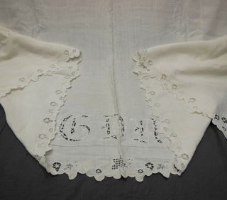 VTG Hand Embroidered Needle Lace Floppy Linen Sheet Plus 2 Pillow Shams - Monogram 6