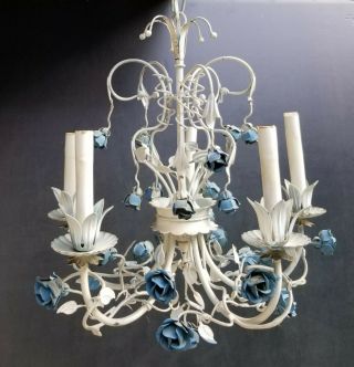 Vintage Italian White Tole,  Blue Flowers 5 Light Chandelier,  Floral & Tendrils