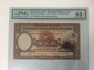 Hong Kong 5 Dollars 30.  3.  1946 Pmg Choice Uncirculated 64 Epq Rare
