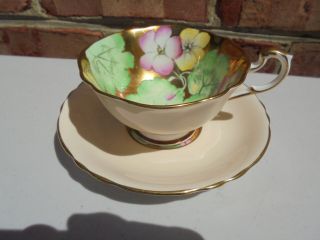 Vintage Paragon Bone China Cup & Saucer Set Flowers Leaves On Gold Peach Ground