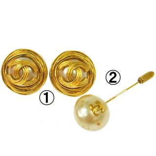 Auth Chanel Vintage Cc Logos Imitation Pearl Earrings Brooch Pin 2 Set B31762e