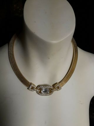 Vintage " Christian Dior " Rhinestone Emerald Cut Gold Plated Collar Necklace