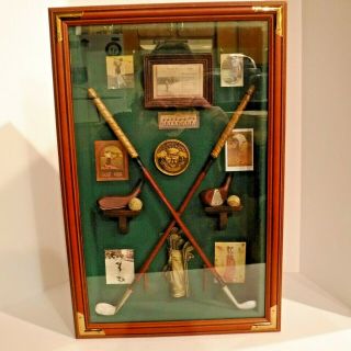 Vintage History Of Golf Theme Shadow Box Display Sport Memorabilia Case Hanging