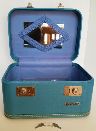 Vintage 1950 ' s Blue Monarch Train Case Suitcase Cosmetic Luggage with Mirror 2