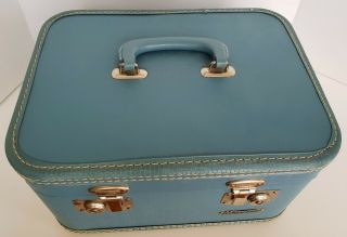 Vintage 1950 ' s Blue Monarch Train Case Suitcase Cosmetic Luggage with Mirror 4