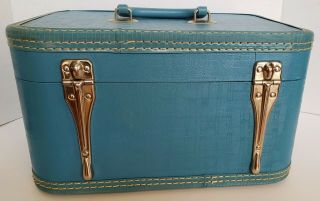 Vintage 1950 ' s Blue Monarch Train Case Suitcase Cosmetic Luggage with Mirror 5