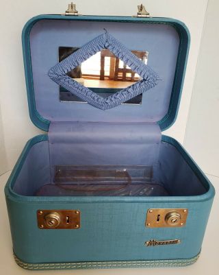 Vintage 1950 ' s Blue Monarch Train Case Suitcase Cosmetic Luggage with Mirror 6