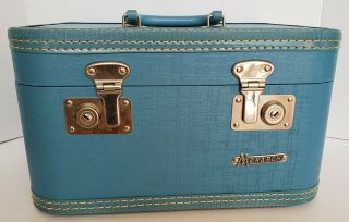 Vintage 1950 ' s Blue Monarch Train Case Suitcase Cosmetic Luggage with Mirror 7