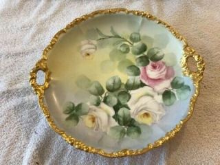 Vintage J.  P.  L France Floral Handled Plate - Gold Trim - 11 Inch