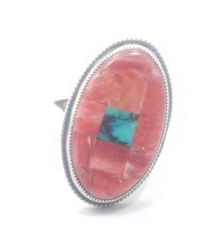 Vintage Sterling Silver 925 Native American Aldrich Turquoise Coral Ring Size 5