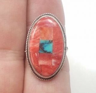 Vintage Sterling Silver 925 Native American Aldrich Turquoise Coral Ring Size 5 3